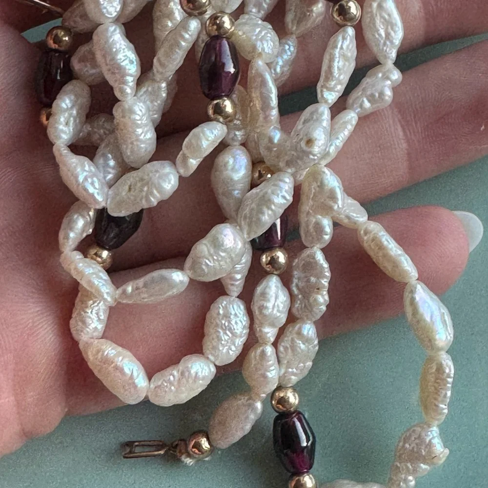 14k gold filled natural seed pearls and garnet long necklace - Picture 5 of 10